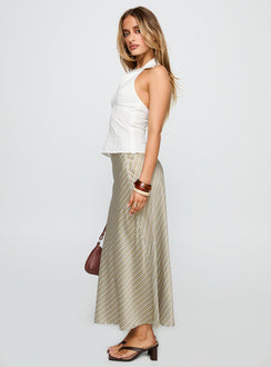   side view of model wearing Princess Polly Mixed Signals Midi Skirt Brown Stripe Midi Skirts 