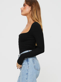 side view of model wearing Princess Polly Ballard Long Sleeve Bodysuit Black Full Sleeves Square Neck 