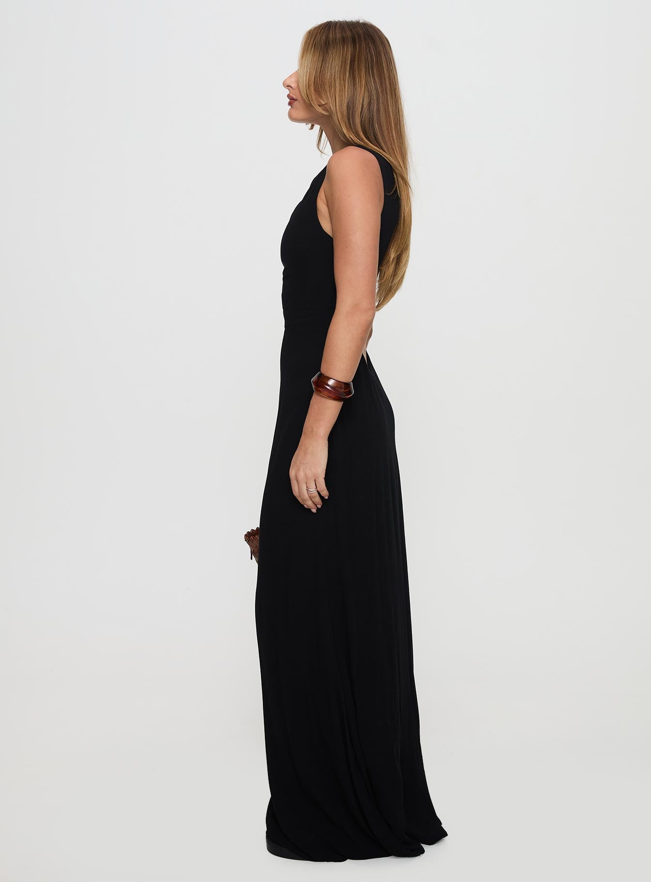 side view of model wearing Princess Polly Ace Of Hearts Backless Maxi Dress Black Petite Crew Neck 