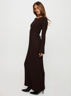 side view of model wearing Princess Polly Vespa Long Sleeve Maxi Dress Brown Crew Neck 