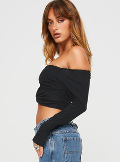 side view of model wearing Princess Polly Reisley Long Sleeve Top Black Full Sleeves Sweetheart 