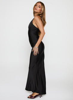 side view of model wearing Princess Polly Gloriana Halter Maxi Dress Black Plunger 