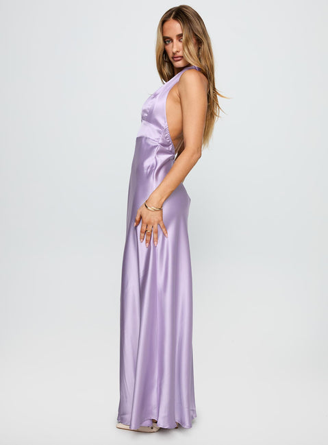 side view of model wearing Princess Polly Big Screen Halter Maxi Dress Lilac Plunger 