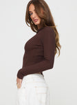 side view of model wearing Princess Polly Ellara Long Sleeve Top Brown Full Sleeves Crew Neck 