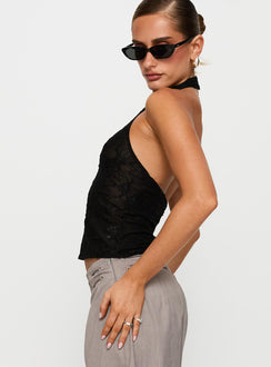side view of model wearing Princess Polly Hotter Than Fire Lace Halter Top Black Sleeveless High Neck 