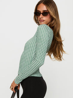 side view of model wearing Princess Polly Every Second Boat Neck Long Sleeve Top Green Check Full Sleeves Boat Neck 