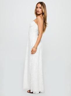 side view of model wearing Princess Polly Kosetta Burnout Maxi Dress White Sweetheart Neckline 