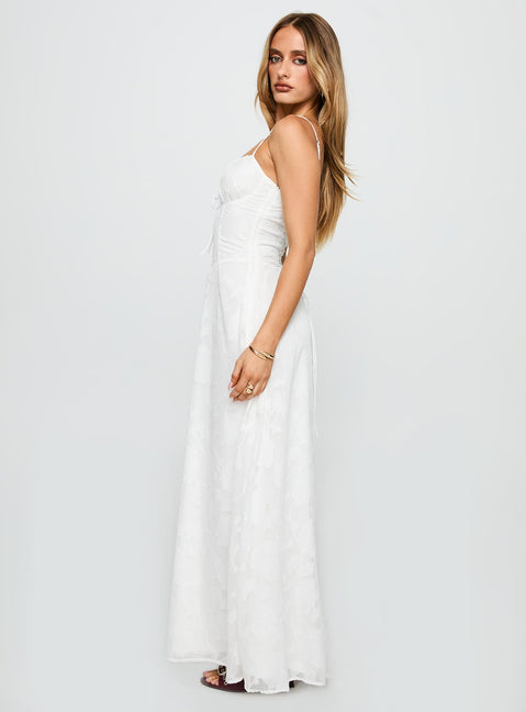 side view of model wearing Princess Polly Kosetta Burnout Maxi Dress White Sweetheart Neckline 