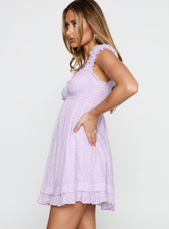 side view of model wearing Princess Polly Carlita Mini Dress Lilac Sweetheart Neckline 