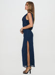 side view of model wearing Princess Polly Contessa Maxi Dress Navy Cowl Neck 