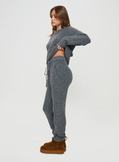 side view of model wearing Princess Polly Abrams Rib Knit Pants Charcoal Marle High Waisted Pants 
