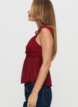 side view of model wearing Princess Polly Elysea Top Burgundy Short Sleeves Plunger 