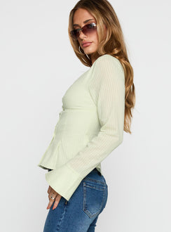 side view of model wearing Princess Polly Elowenn Long Sleeve Top Green Full Sleeves V-Neck 