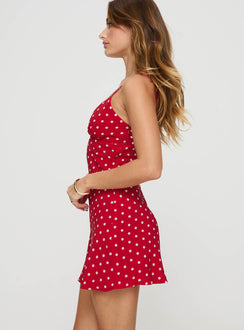 side view of model wearing Princess Polly Chara Mini Dress Red V-Neck 