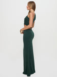 side view of model wearing Princess Polly Diablo Cut Out Maxi Dress Forest Green Asymmetric Neckline 