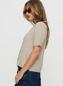 side view of model wearing Princess Polly Wait A Lifetime Short Sleeve Cardigan Beige Cropped 