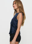 side view of model wearing Princess Polly Jaide Top Navy Sleeveless High Neck 