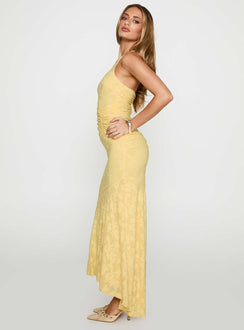 side view of model wearing Princess Polly Starlights One Shoulder Maxi Dress Lemon Asymmetric Neckline 