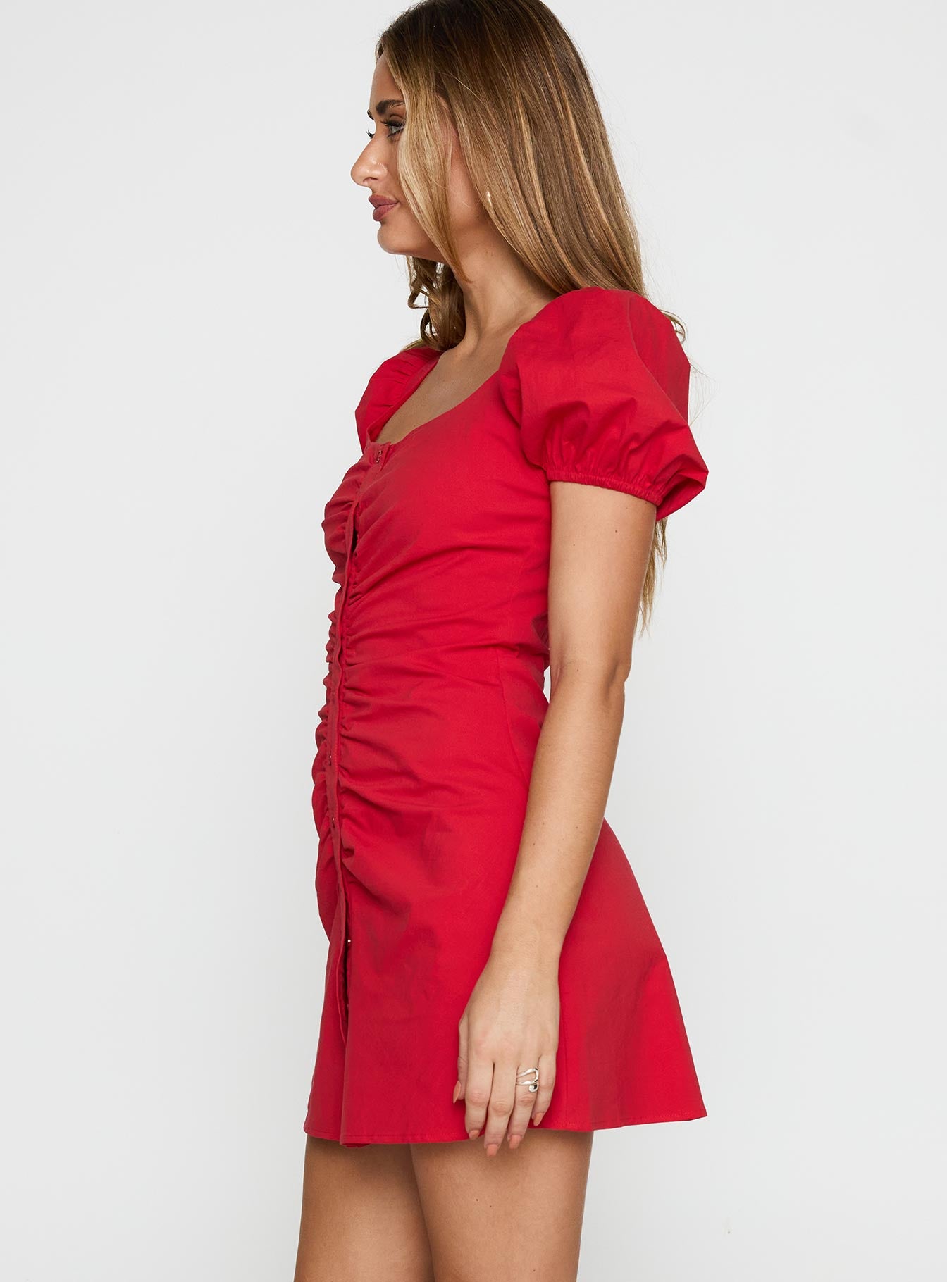 side view of model wearing Princess Polly Back To Paris Ruched Mini Dress Red Square Neck 