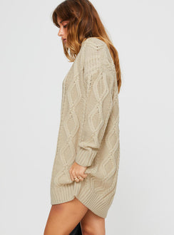 side view of model wearing Princess Polly Anaya Sweater Mini Dress Beige Crew Neck 