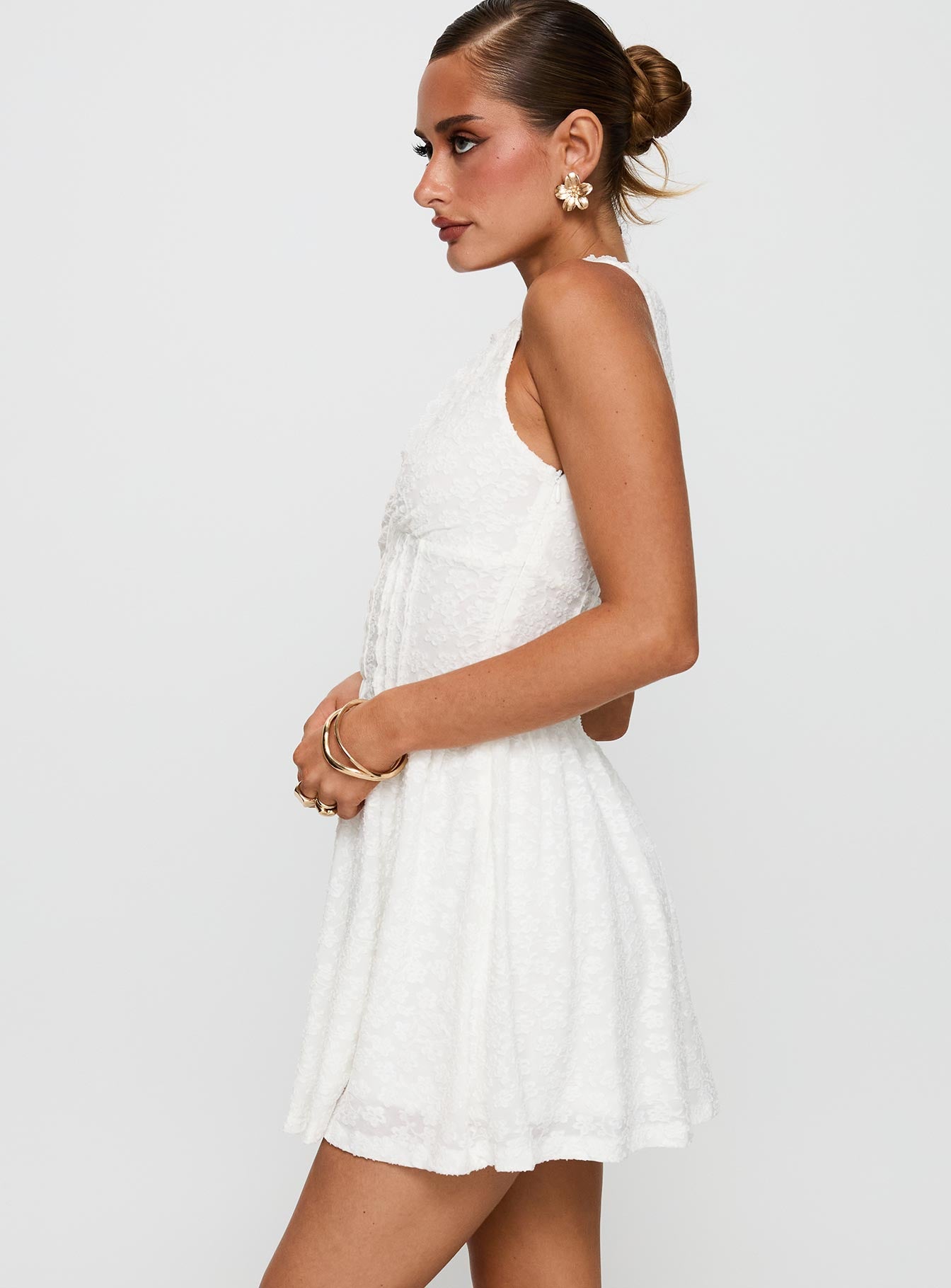 side view of model wearing Princess Polly Loveluck Lace Mini Dress White V-Neck 