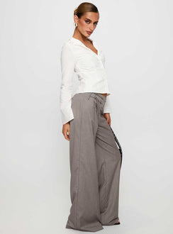 side view of model wearing Princess Polly Just Have Fun Wide Leg Pant Grey Petite High Waisted Pants 