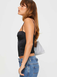 side view of model wearing Princess Polly Marlu Top Black Sleeveless Sweetheart 