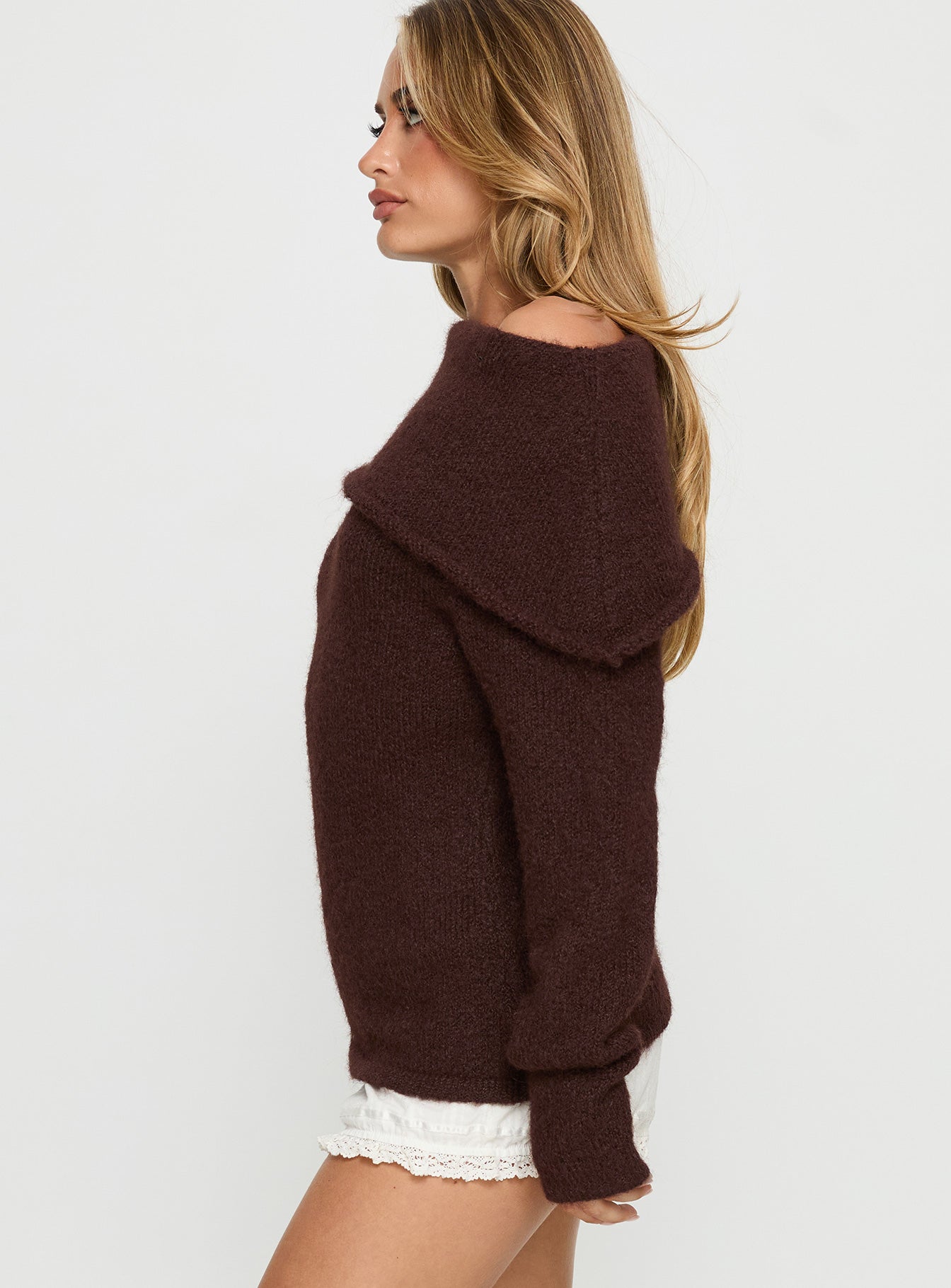 side view of model wearing Princess Polly Kinslea Off Shoulder Knit Sweater Brown regular 