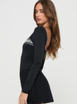 side view of model wearing Princess Polly Keating Long Sleeve Bodysuit Black Full Sleeves 