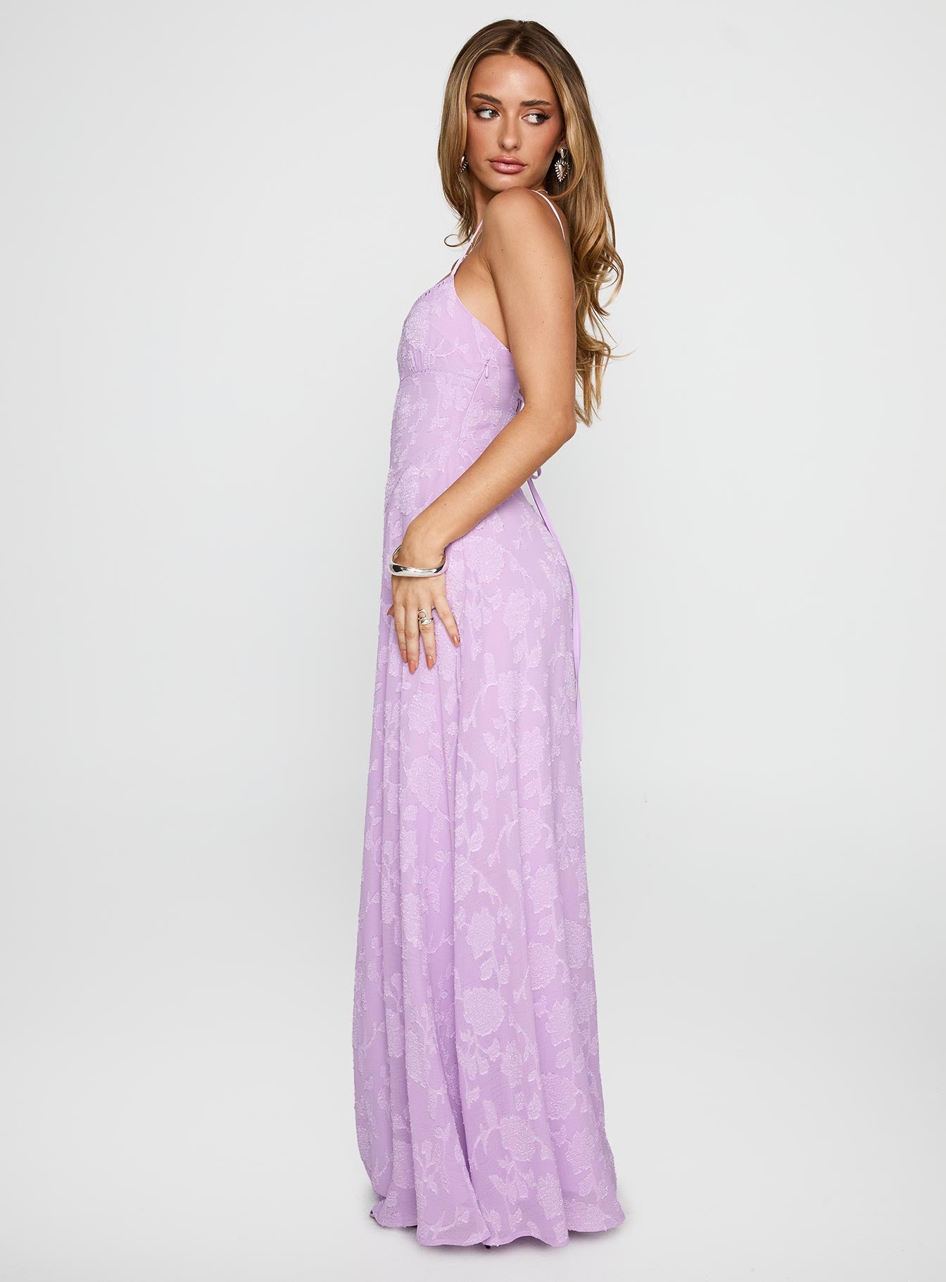 side view of model wearing Princess Polly South Of France Maxi Dress Lilac Square Neck 