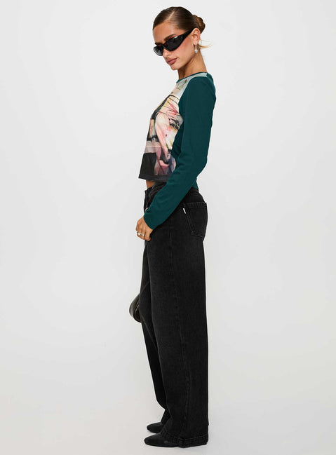 side view of model wearing Princess Polly Anelli Low Rise Straight Leg Jeans Washed Black Low Rise Jeans 