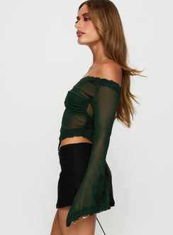 side view of model wearing Princess Polly Empty Space Top Forest Green Full Sleeves Asymmetric Neckline 
