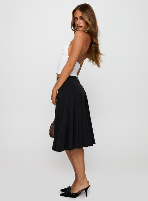  side view of model wearing Princess Polly Agnette Low Rise Midi Skirt Black 