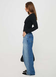 side view of model wearing Princess Polly Ferris Two-toned Straight Leg Jean Blue Wash Denim Low Rise Jeans 