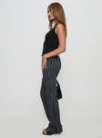 side view of model wearing Princess Polly Allude Low Waist Pinstripe Pant Black Low Rise Pants 