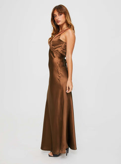 side view of model wearing Princess Polly Galloway Maxi Dress Brown Plunger 