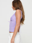 side view of model wearing Princess Polly Zyair Top Lilac Sleeveless V-Neck 