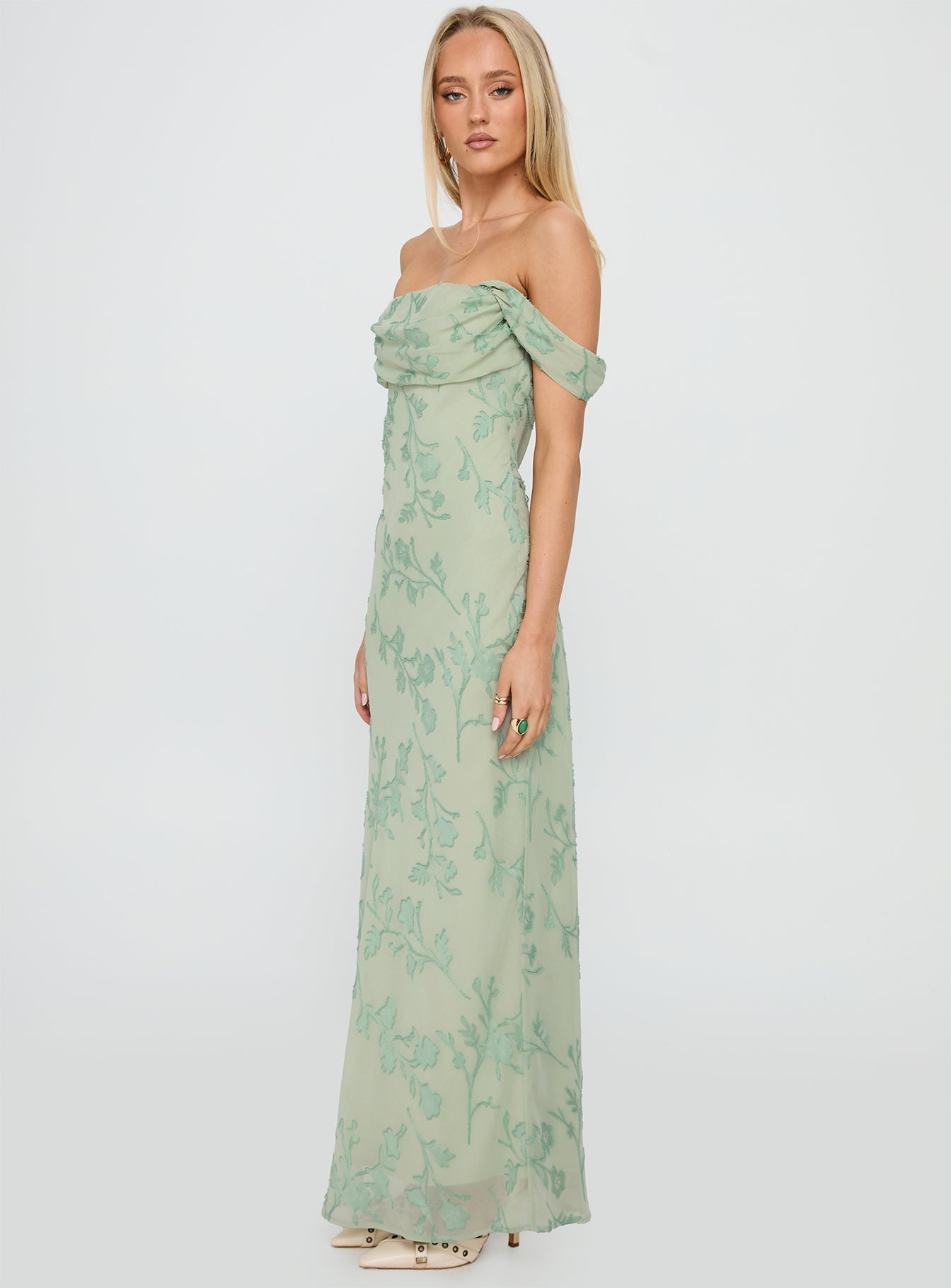 Azura Off The Shoulder Maxi Dress Green Burnout