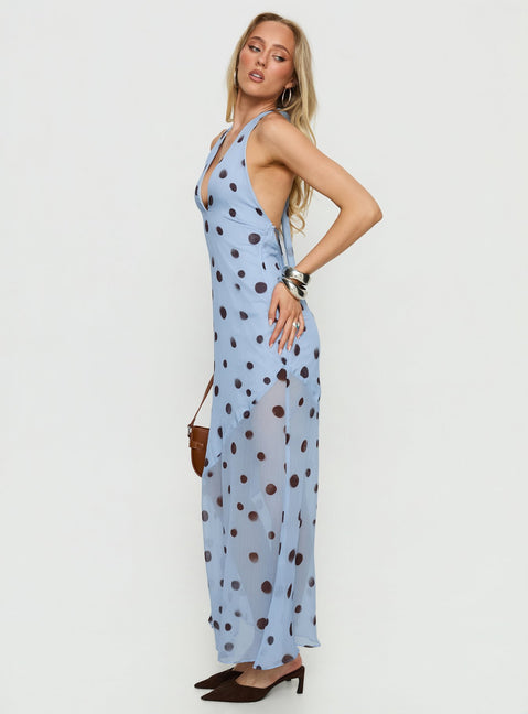 Oralee Halter Sheer Maxi Dress Blue / Polka Dot