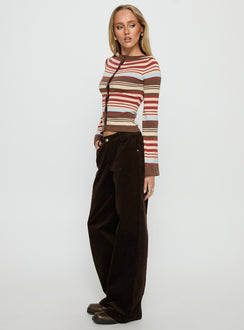 back view of model wearing Princess Polly Kenza Wide Leg Corduroy Pant Brown Mid Rise Pants 
