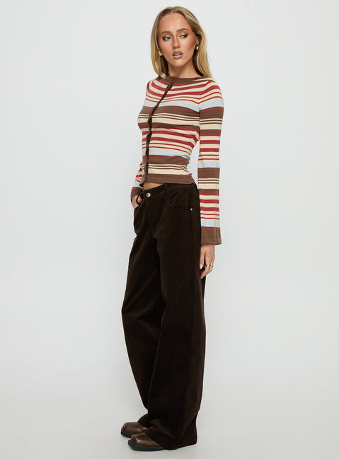 back view of model wearing Princess Polly Kenza Wide Leg Corduroy Pant Brown Mid Rise Pants 