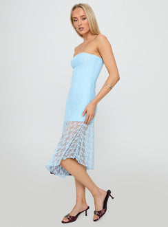 Nonchalant Strapless Lace Midi Dress Blue