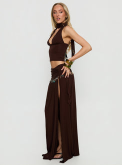   side view of model wearing Princess Polly Spirita Beaded Sarong Maxi Skirt Brown Maxi Skirts 