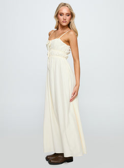 side view of model wearing Princess Polly Violeta Tiered Maxi Dress Cream Square Neck 