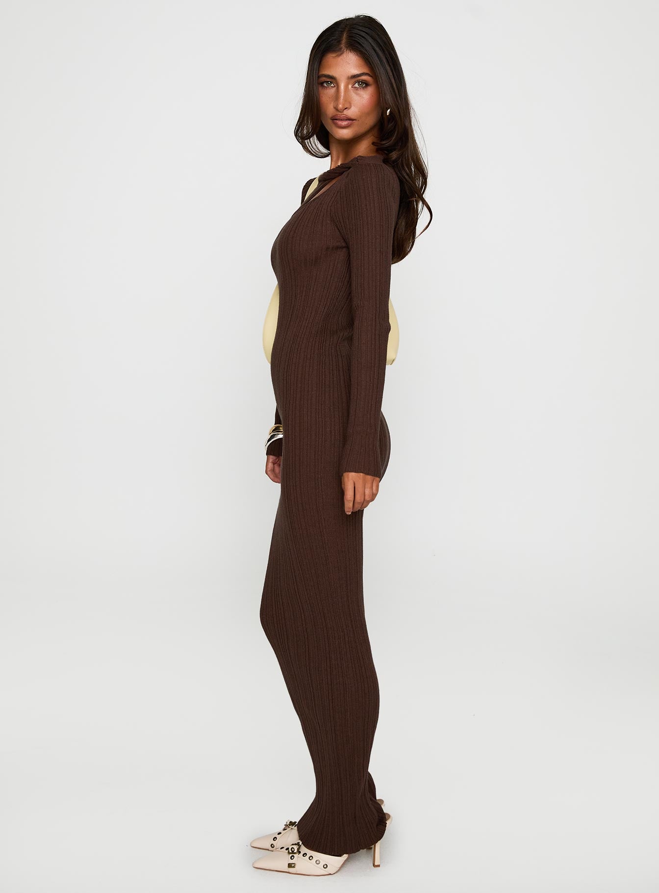 side view of model wearing Princess Polly Gyselle Long Sleeve Maxi Dress Brown Boat Neck 