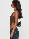 side view of model wearing Princess Polly Toomba One Shoulder Top Brown Sleeveless Asymmetric Neckline 