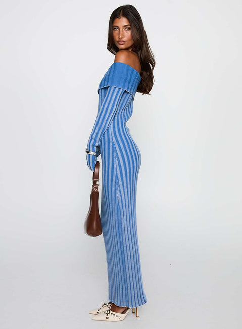 side view of model wearing Princess Polly Mariska Long Sleeve Rib Maxi Dress Blue Straight Neck 