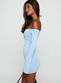 side view of model wearing Princess Polly Parisa Long Sleeve Mini Dress Blue Straight Neck 
