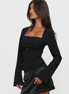 side view of model wearing Princess Polly Flounce Long Sleeve Top Black Full Sleeves Square Neck 