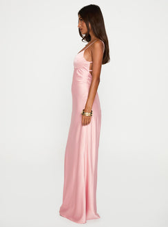 side view of model wearing Princess Polly Ravia Maxi Dress Pink Scoop Neck 
